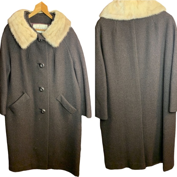 Vintage Sycamore Brown Wool Coat with Fur Collar Button Up Rike-Kumler Co 1950s - Picture 1 of 12
